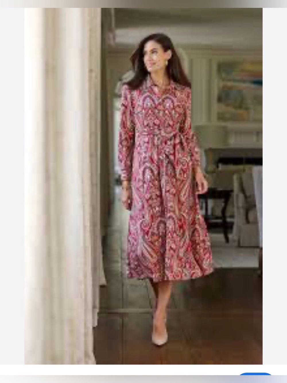 Paisley Print Button-Front Midi Dress with Self-Tie Waist in Red